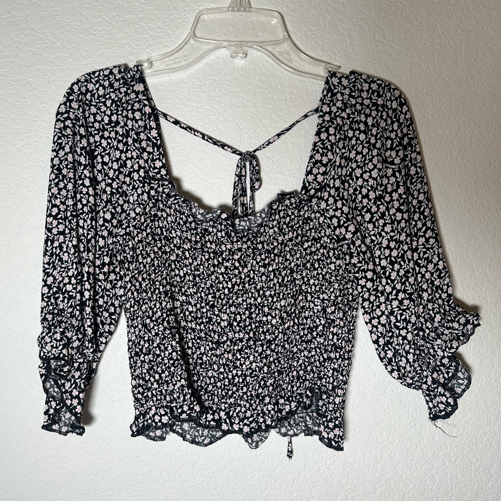 Floral Ruched Mid Sleeve Cropped Top